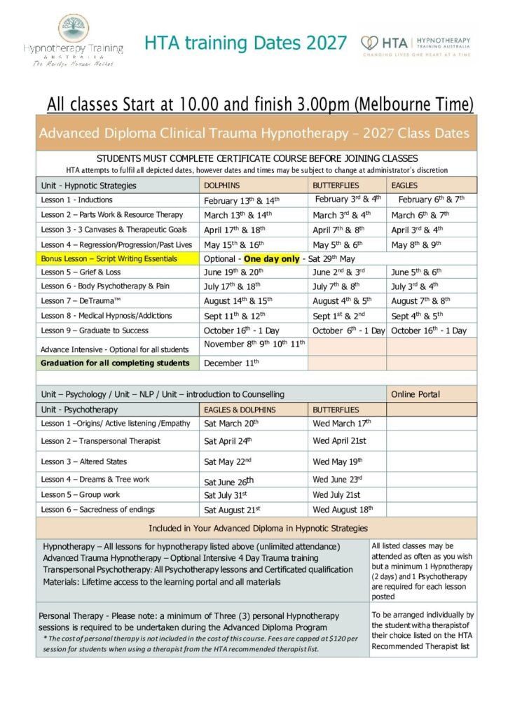 hypnotherapy training dates